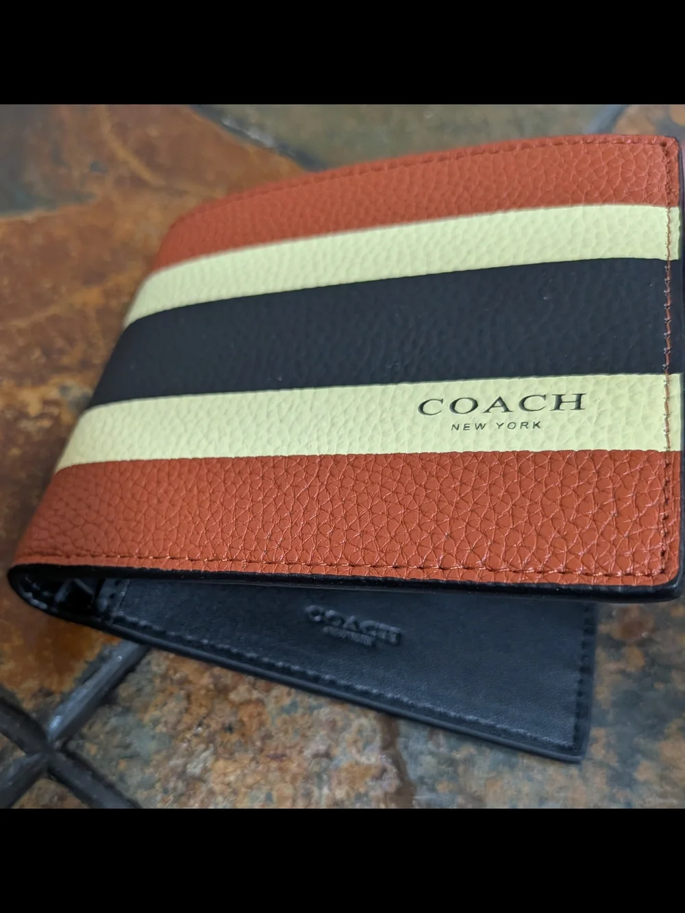 Coach Wallet Saddle Brown with Yellow and Blue Stripes New With Box